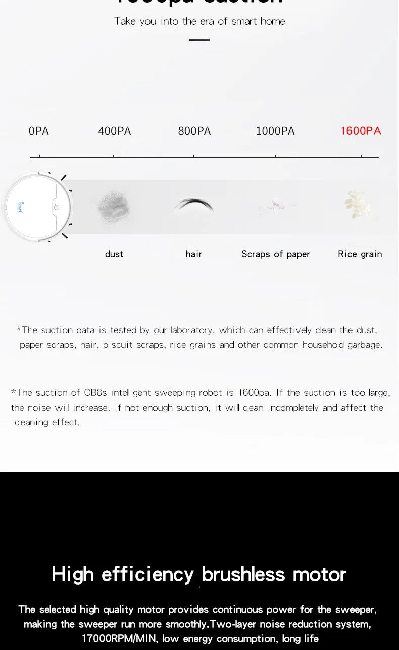 Black robot vacuum cleaner with slim 6.8cm profile on a hard floor, 1500Pa suction