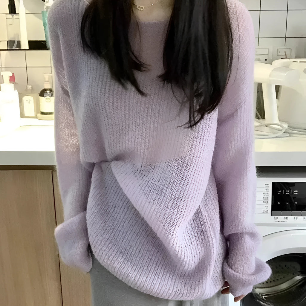 Purple ice silk women's blouse with round neck, princess sleeves, and a hollow-out design
