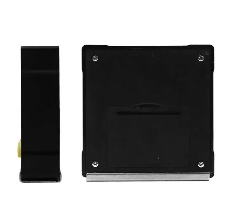 Black mini magnetic angle inclinometer, 55 x 55 x 16mm, 0.1° resolution, ±0.3° accuracy, 4×90° range.