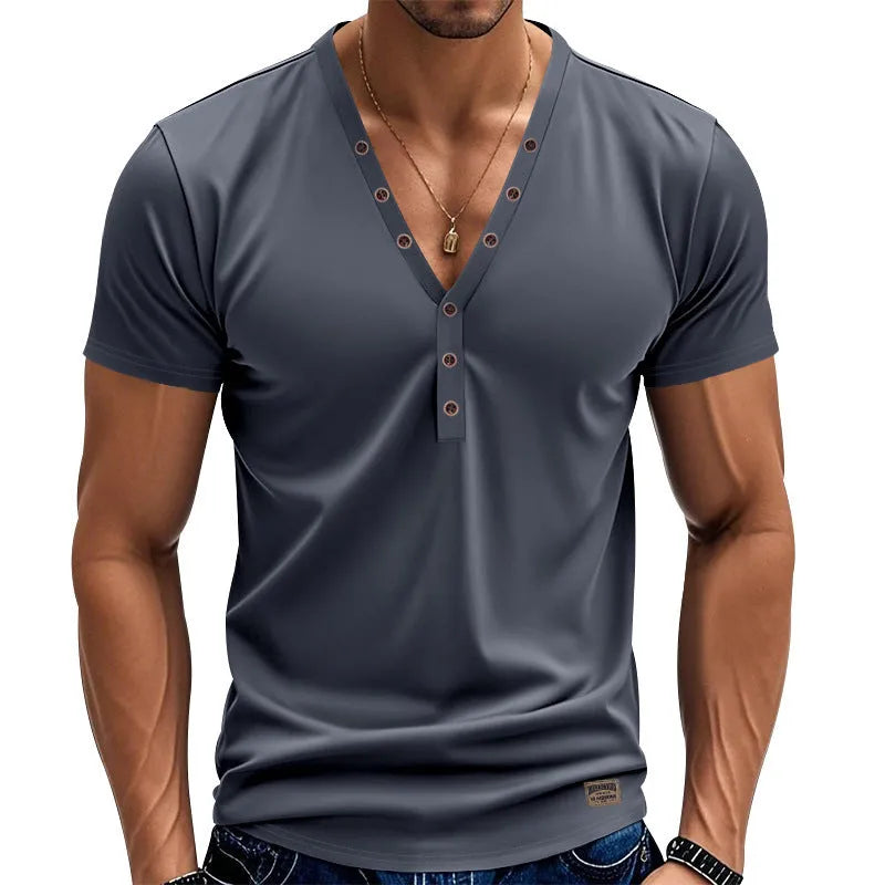 Men's loose fit thin V-neck pullover top with button detail in light blue colour.