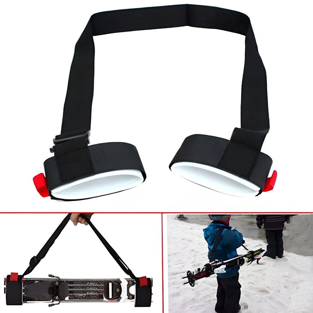 Adjustable nylon skiing handle strap with buckle in black, carried over shoulder