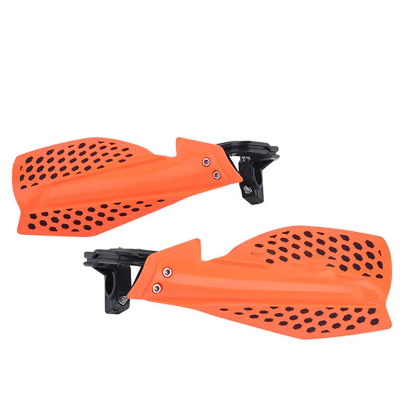 Plastic motorcycle hand guards in black and orange for universal handlebar fit
