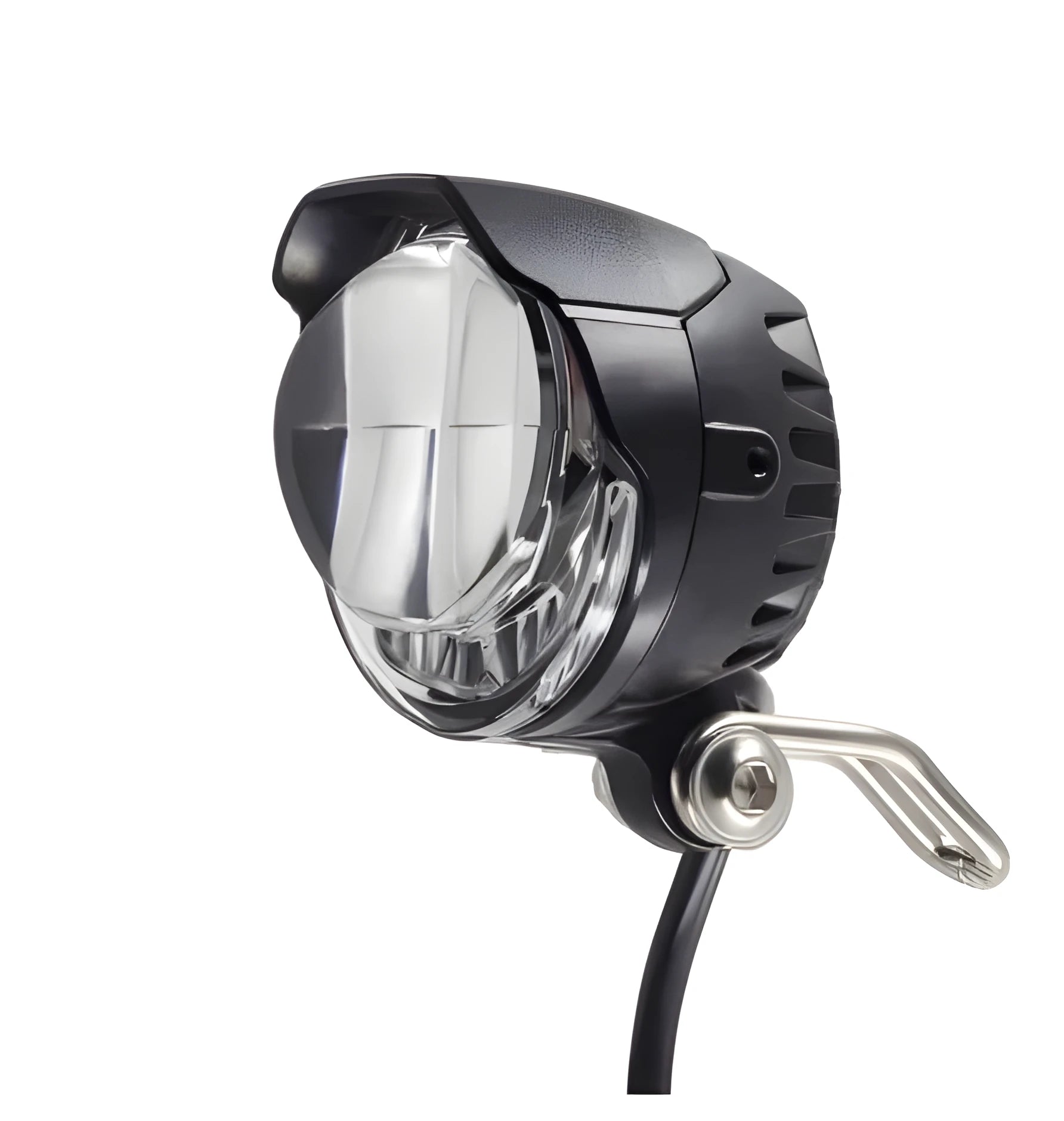 Black electric bike headlight with 3W power and 85 lux brightness, IPX4 waterproof, on handlebar mount