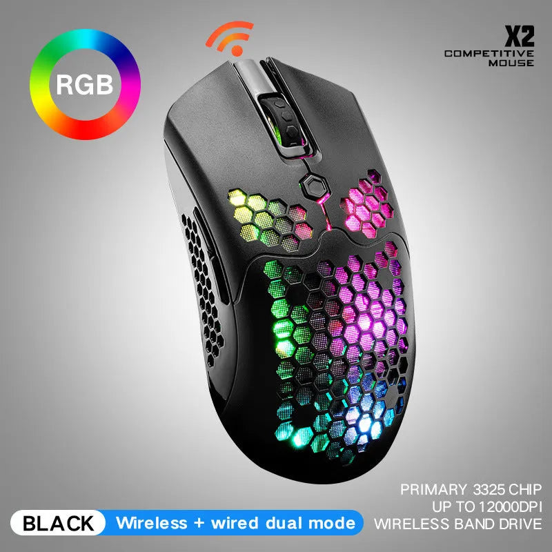 Free Wolf X2 wireless gaming mouse in black on a mouse mat, showing RGB lighting and side thumb buttons.