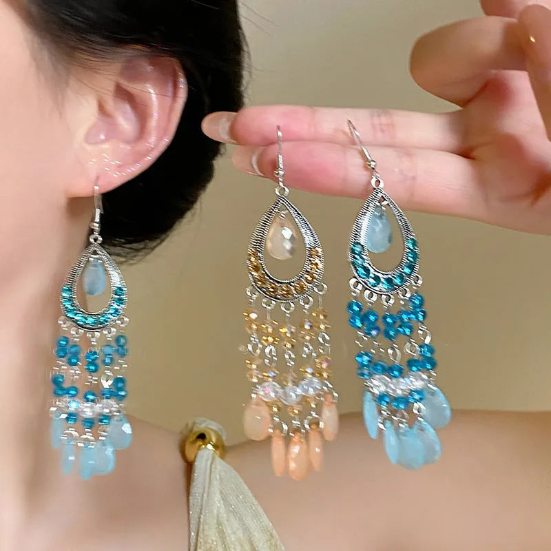 Water drop glass tassel earrings with diamond-embedded treatment, light luxury high-grade style, five colour options