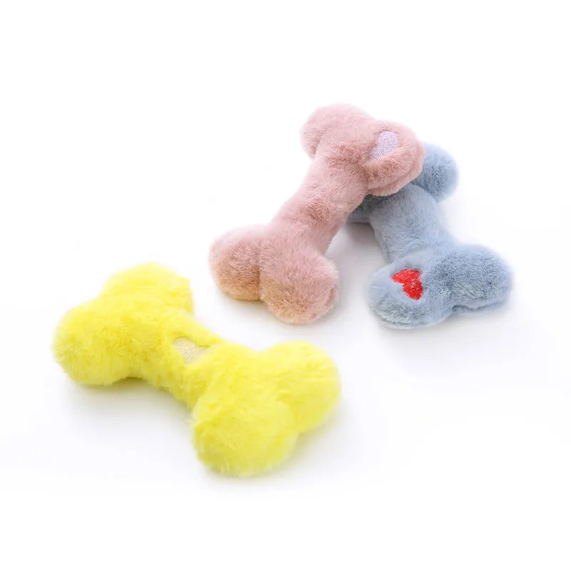 Blue love bone shaped plush dog toy with squeaker on a white background