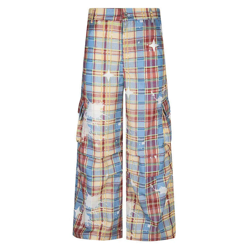 Men's blue retro plaid casual trousers with straight leg design on hanger