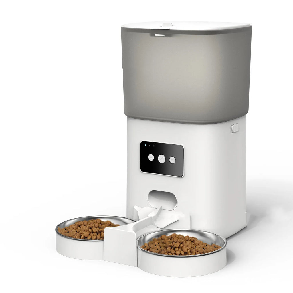 White 6-litre WiFi automatic pet feeder with adjustable dual feeding tray and power adapter for dogs and cats