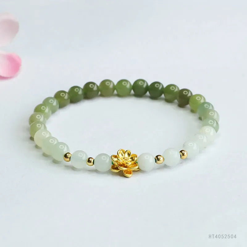 Hetian jade bracelet with water gradient colour and floral beads in ancient national style