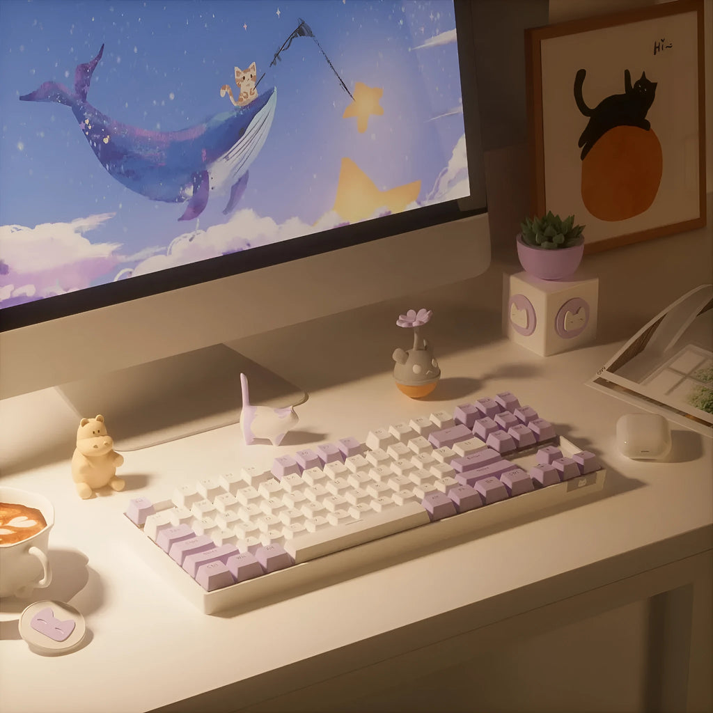 Wireless Bluetooth mechanical keyboard with metal board in blue or purple colour options