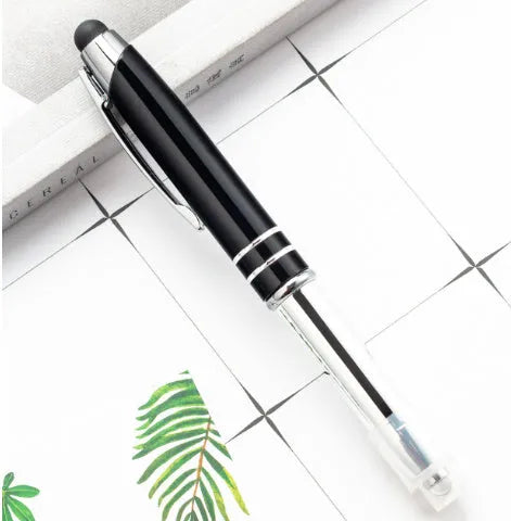 Red metal capacitive stylus ballpoint pen with LED light and bullet tip