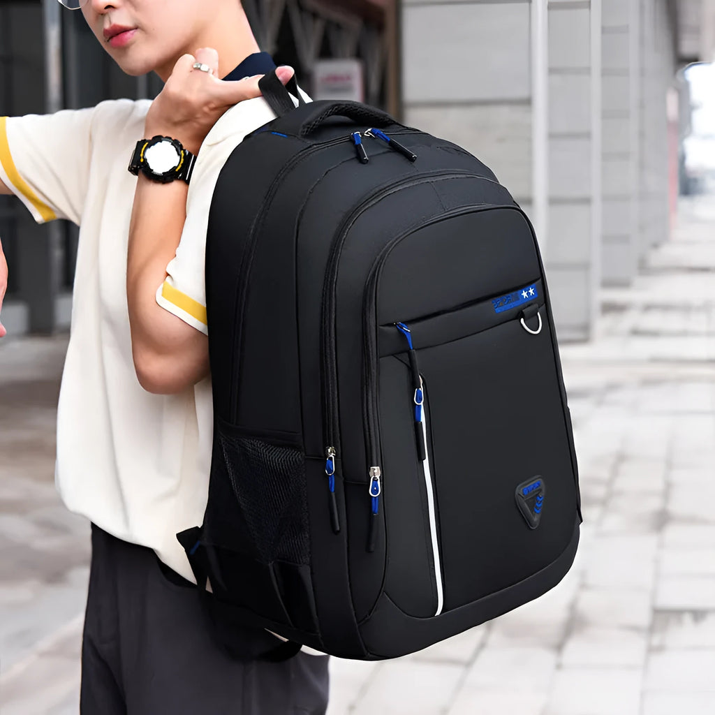 Men's Oxford cloth school backpack in black with letter pattern and air pillow belt