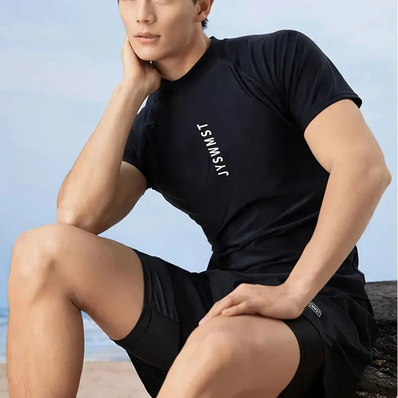 Men's plus size swimming suit set with top and pants in polyester fabric