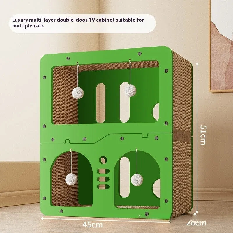 Double-layer cat scratching board with integrated cat nest in one of six available style variations