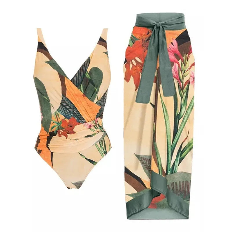 Women's solid colour spaghetti strap one-piece swimsuit with a matching skirt laid flat