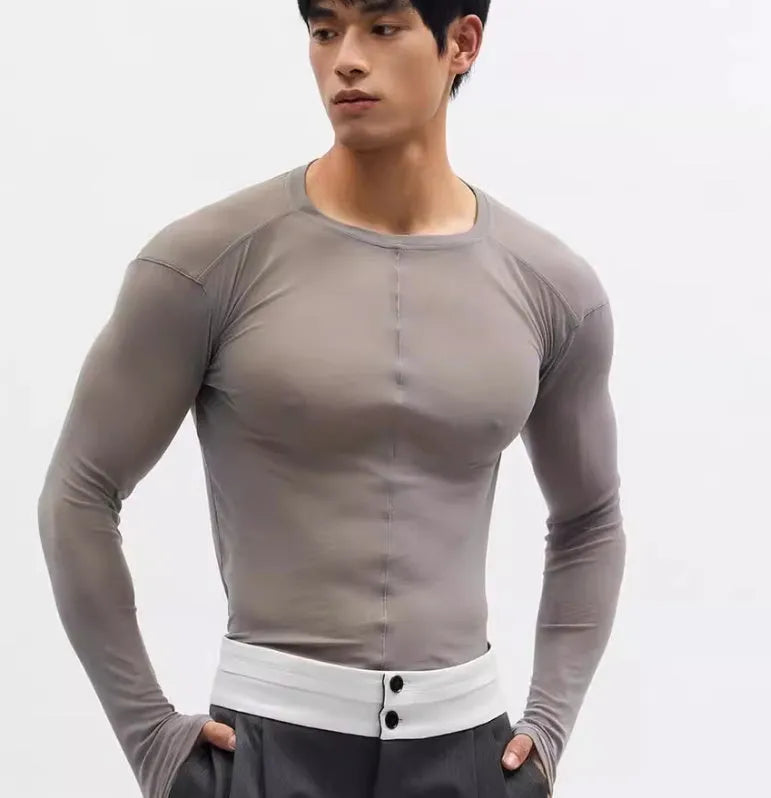 Black slim-fit PU mesh pullover with see-through texture and long sleeves