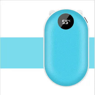 Rechargeable mini hand warmer and power bank device showing various colour options including rose gold and sky blue