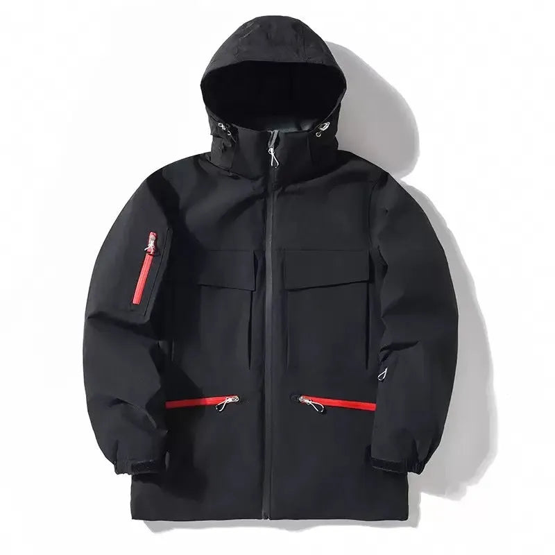 Men's winter thicken thermal hooded ski jacket in fluorescent green with full front zip and side pockets