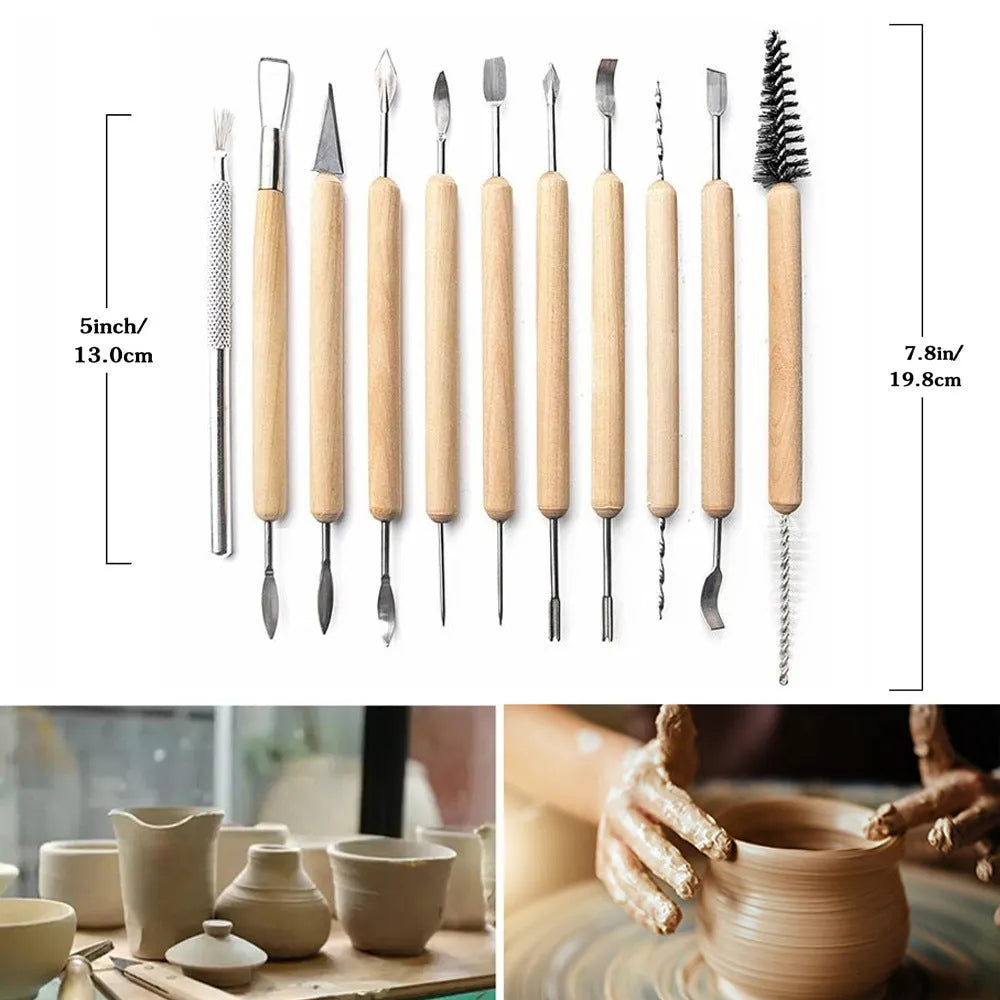 11-piece clay sculpting tool set with wooden handles and stainless steel heads on a blue felt bag.