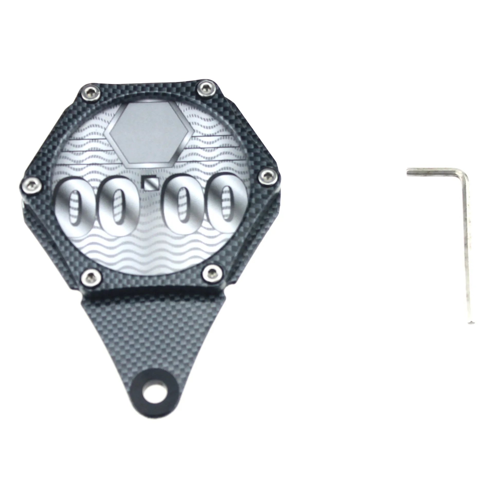 Black carbon fibre pattern motorcycle petrol cap cover seal with anti-theft six-corner screw.