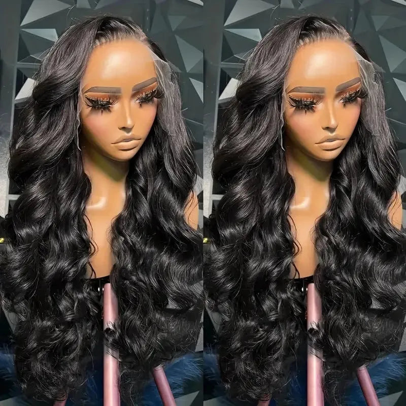 Black synthetic wig with long, wavy hair and a sheer lace front on a mannequin head.