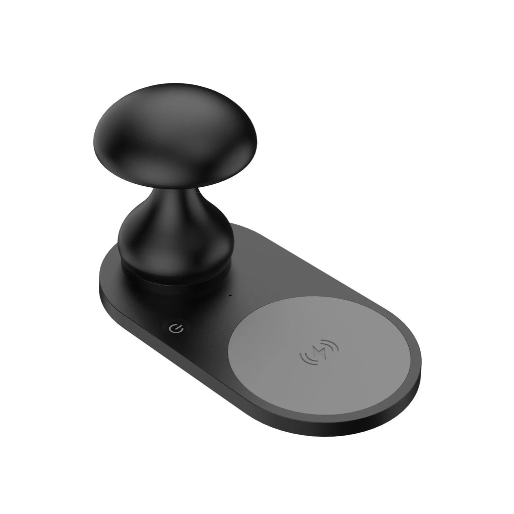 Multifunctional 10W wireless charger mushroom lamp in white ABS composite material on a desk