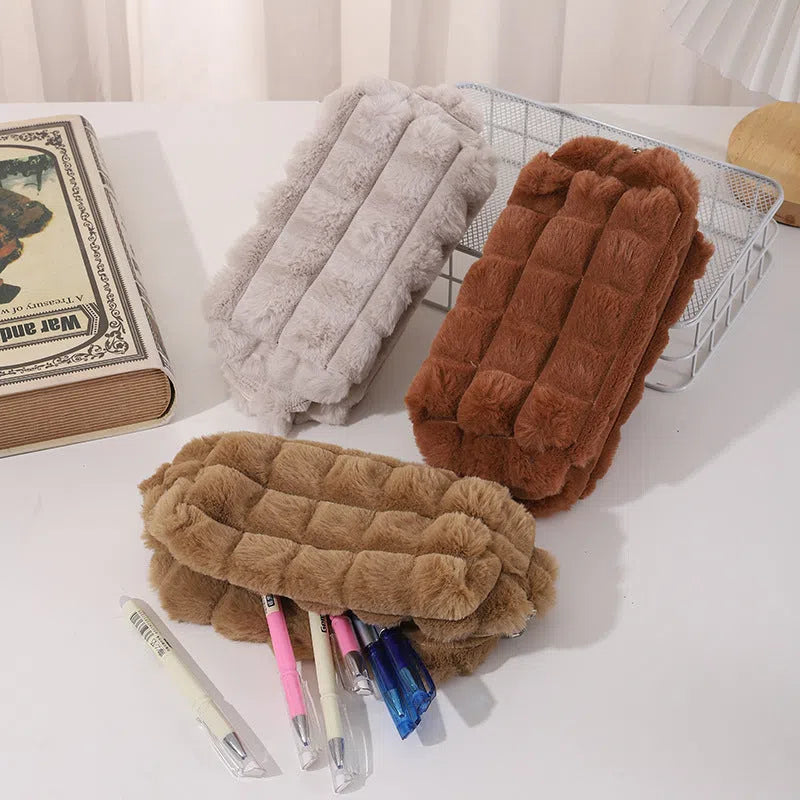 DIY plush Maillard-style student pencil case in beige colour with soft exterior