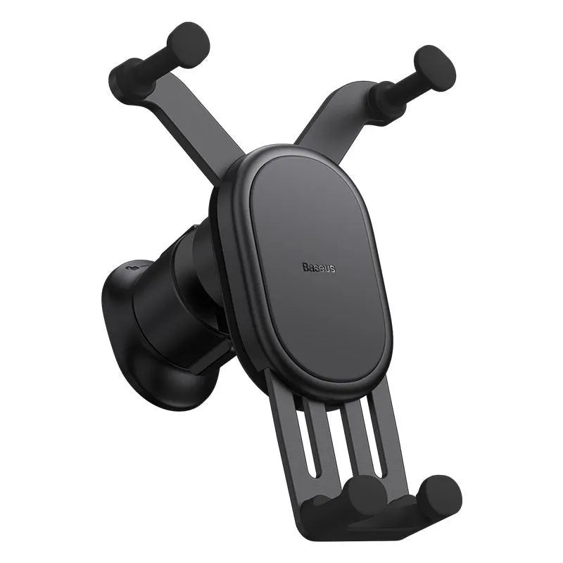 Car phone holder wireless charger with gravity sensor anti-shake design in black on a dashboard