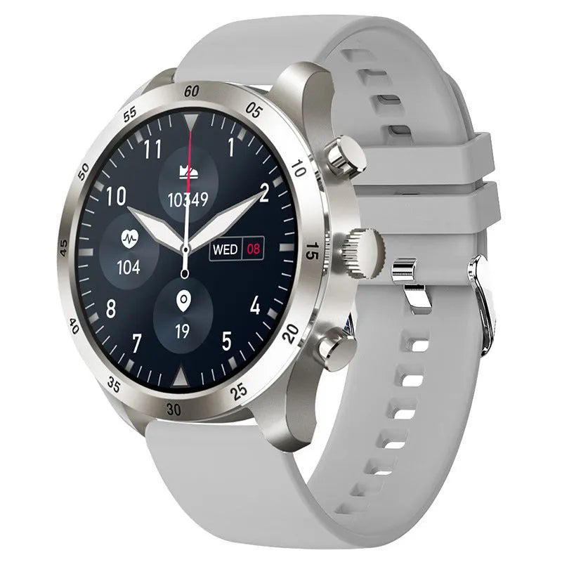 Black Bluetooth smart watch with touch screen displaying heart rate, on a grey silicone strap.