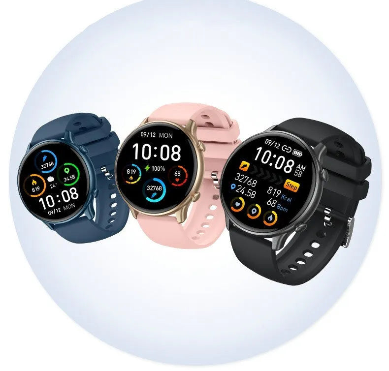 Round touch screen smart sports watch with heart rate monitor on silicone wrist strap