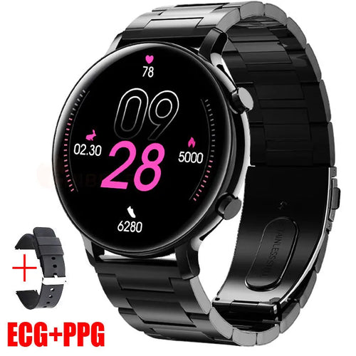 Stainless steel Bluetooth calling smartwatch with genuine leather strap showing screen display