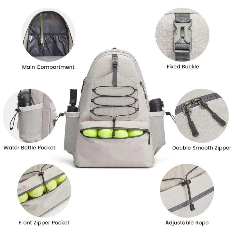 Neutral polyester tennis backpack large peak ball bag holds 4 rackets with shoes compartment in black gray and beige colors