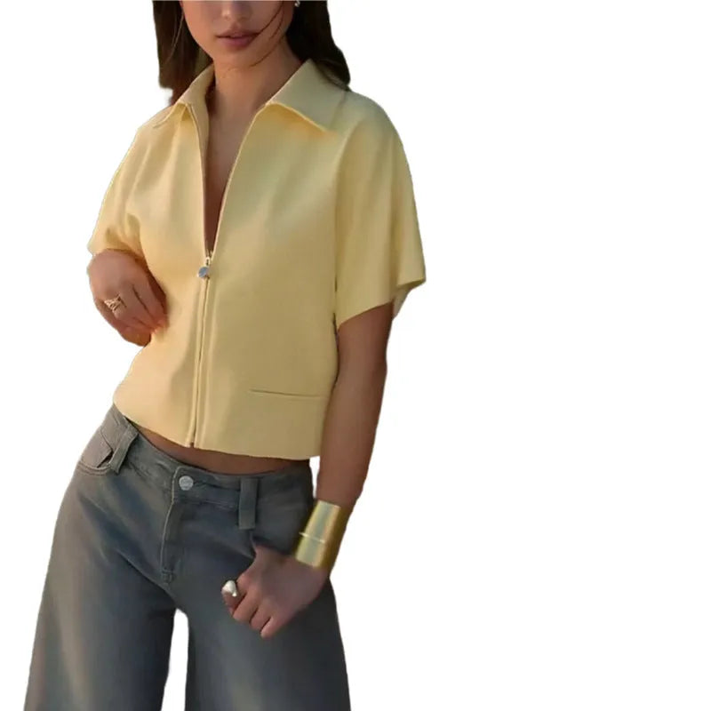 Damascus loose casual jacket in yellow shown on a model, featuring short sleeves.