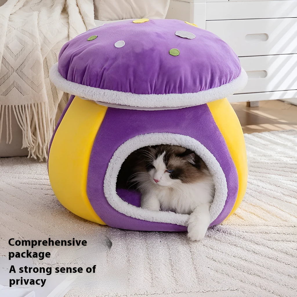 Grey mushroom-shaped plush cat bed with high walls and a soft interior, shown with a detachable matching blanket.