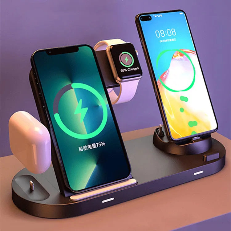 Black multifunctional wireless charger base plate with foldable design on a desk