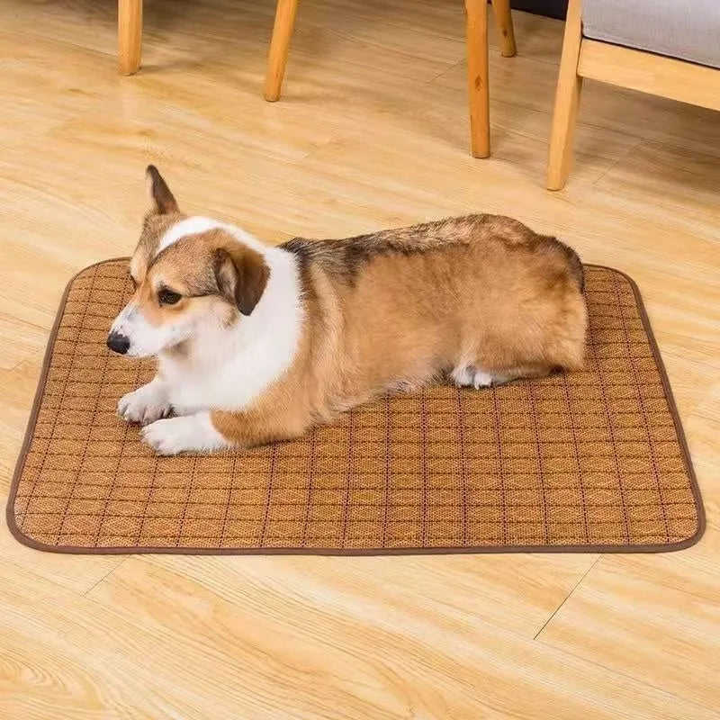 Brown rattan fibre dog cooling mat in six size options for summer use
