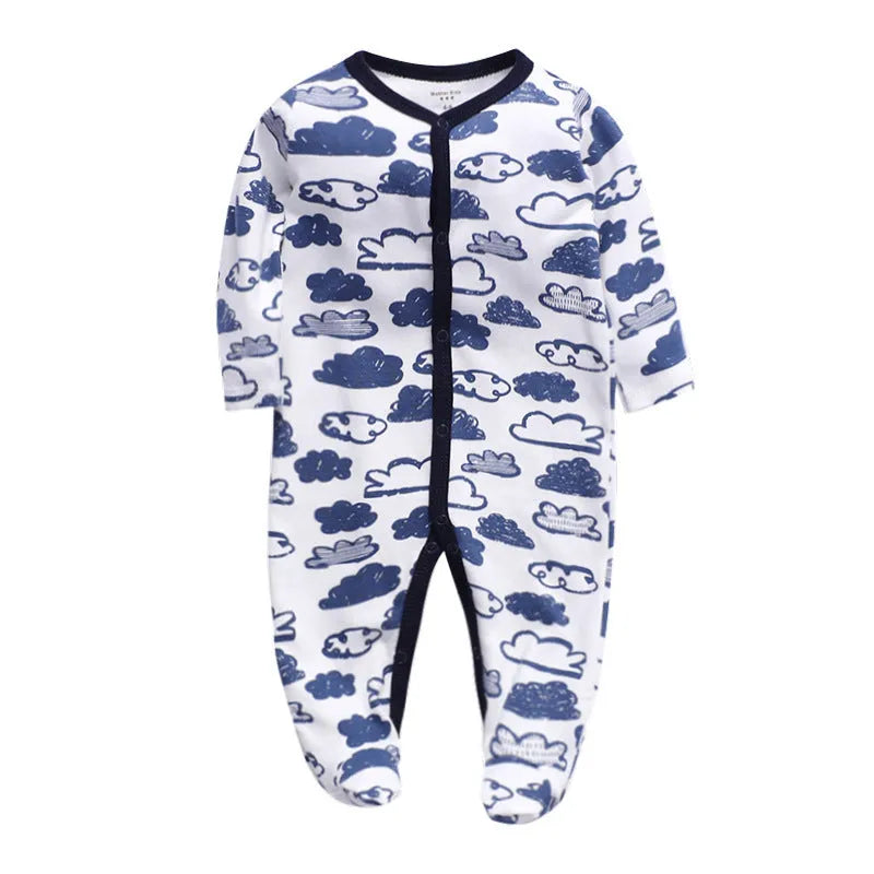 Soft cotton baby one-piece bodysuit in blue and green dinosaur print, size 6M, front view on white background