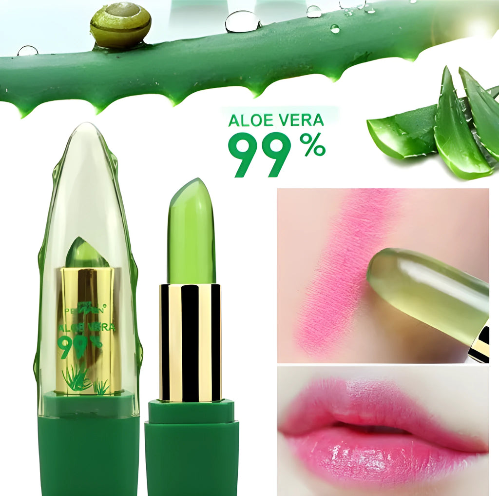 Aloe vera colour changing lipstick with moisturising aloe gel in compact tube packaging