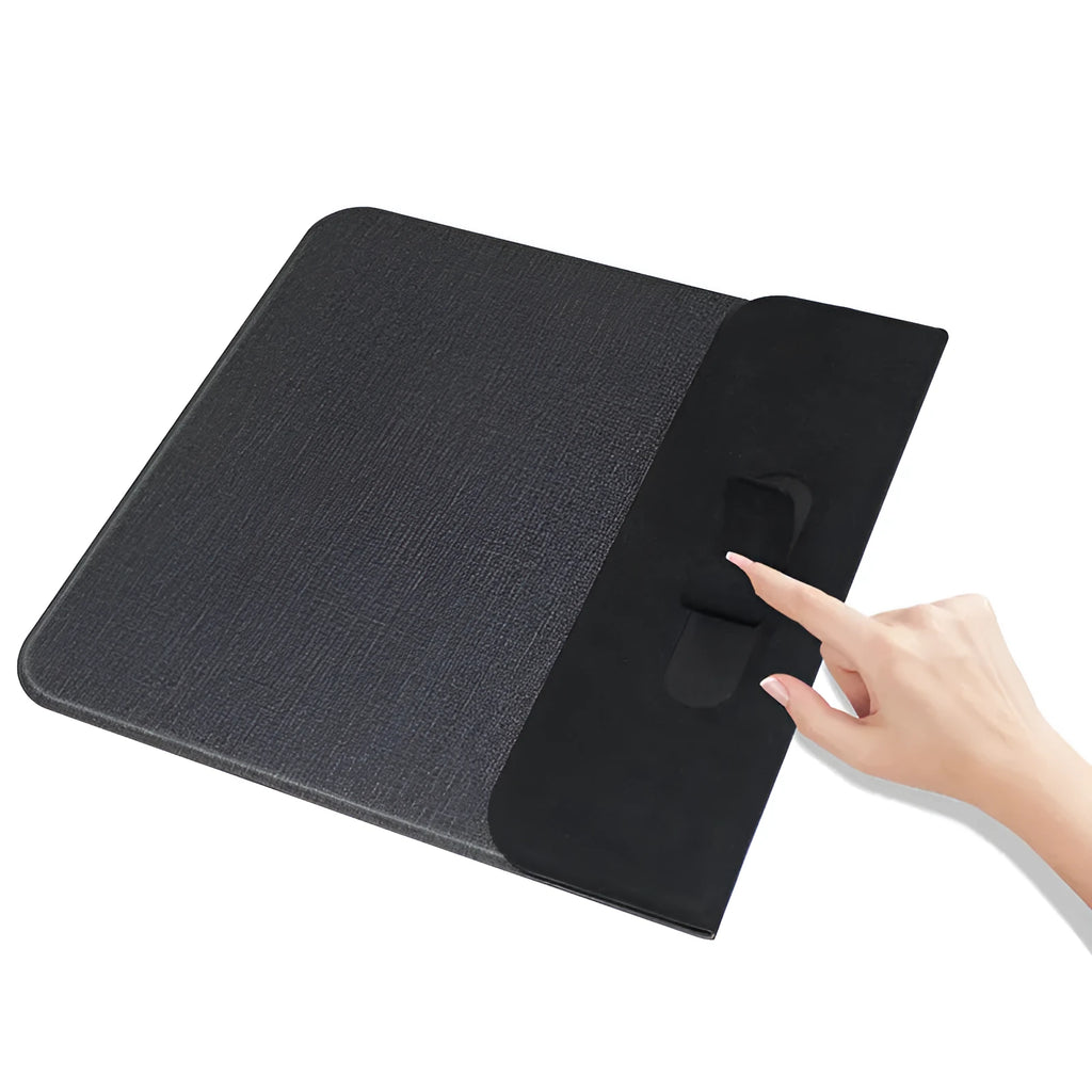 Grey foldable cloth phone holder with integrated wireless charger, showing a mobile phone standing on it at an angle.