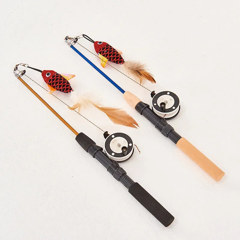 Cat teaser feather toy with retractable rod, plush fish replacement, and feather on a random colour base