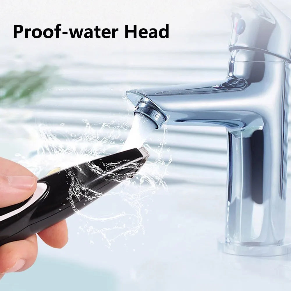 Black pet hair clippers with ceramic blade, ABS plastic body, USB charging, and 300mA current rating