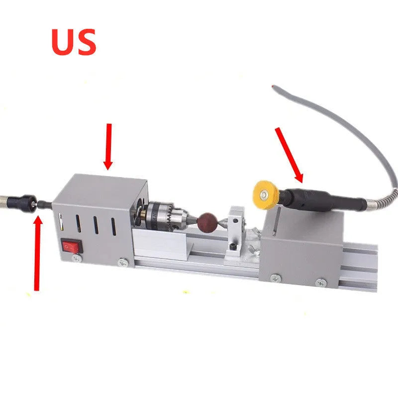 Metal mini woodworking lathe with carving knives and tools for small woodturning projects