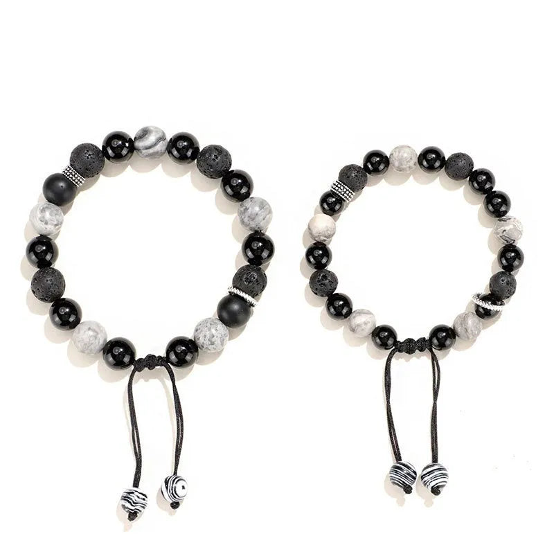 Black agate map stone volcanic rock bracelet with diamond shape and electroplated metal, shown in 8mm and 10mm sizes