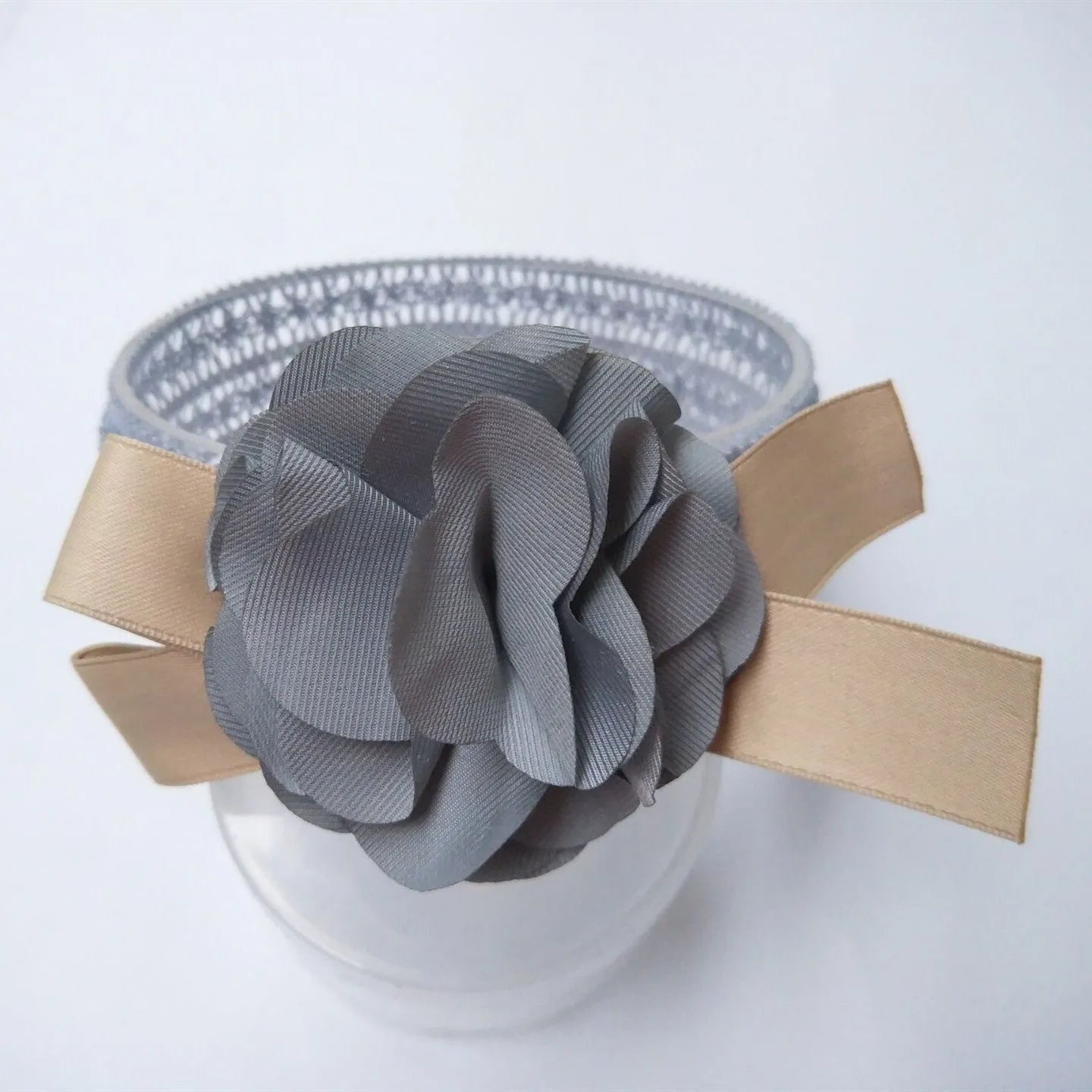 Baby lace flower headband in fabric available in Grey, Pink, and Rose Red colours