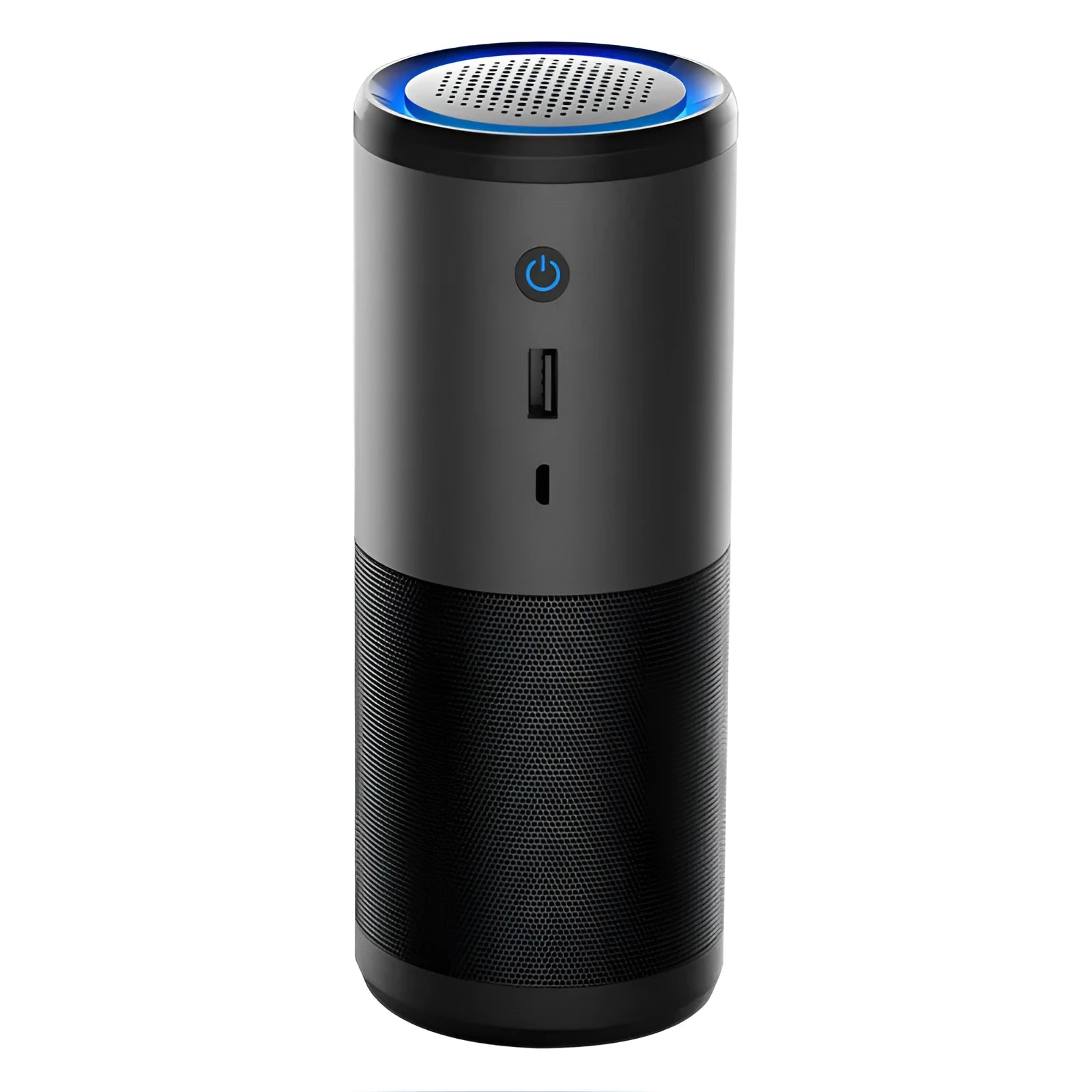 Black portable mini car air purifier with smart sensor display measuring 6.2 by 17.2 centimetres