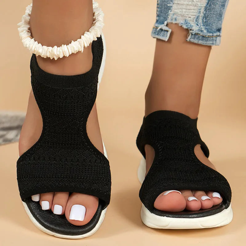 Women's flyknit hollow peep-toe Roman sandals in grey, PU upper with fish mouth toe, low-top slip-on design