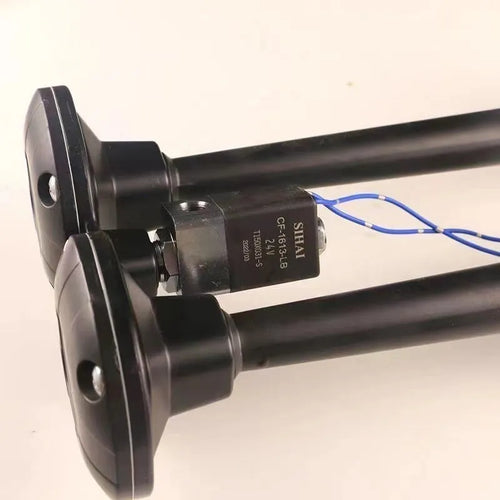 Black dual trumpet car air horn kit with 300dB compressor for 12V and 24V vehicles