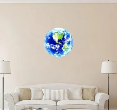 Glow in the dark 3D Earth planet wall sticker in three size options on a dark blue background.