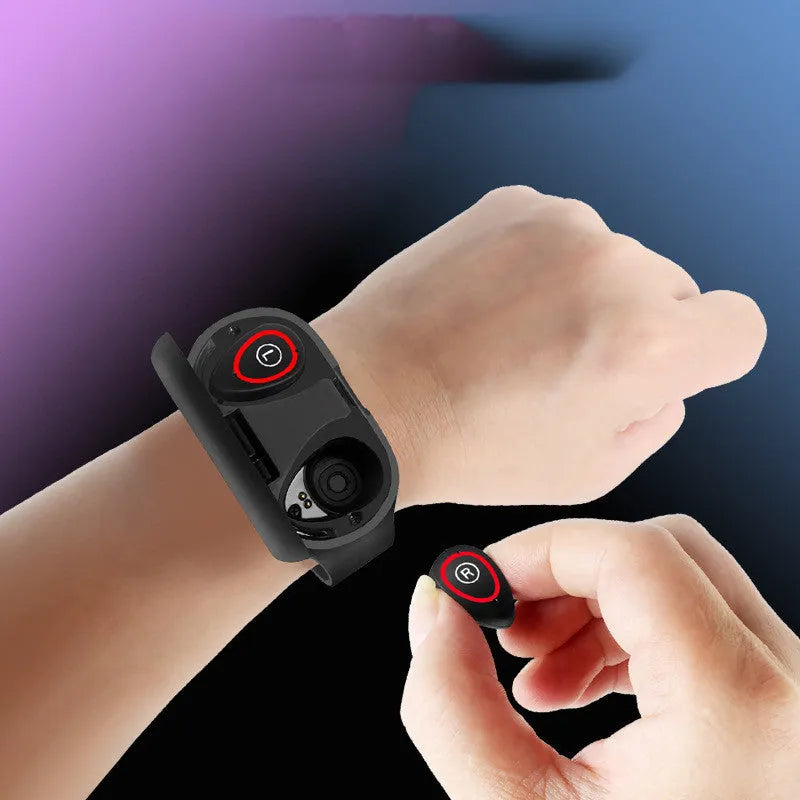 Blue silicone smart bracelet earphone combo wearable with a 1-inch screen on a wrist.
