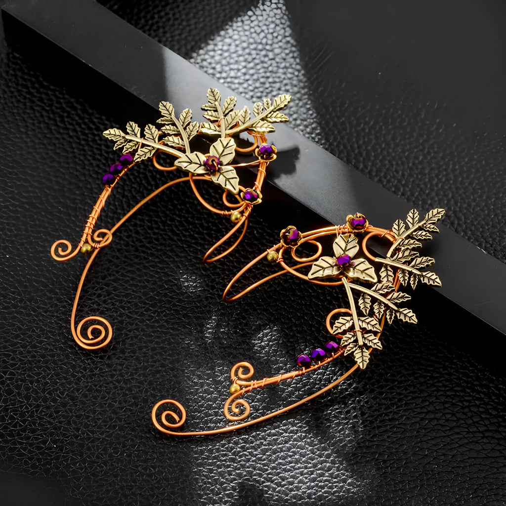 Retro handmade ear clip elf earrings in rose gold with geometric shape on a clip-on back